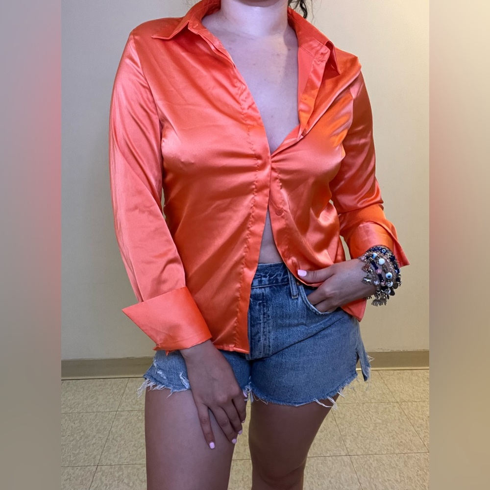 Satin Orange Button Up Shirt